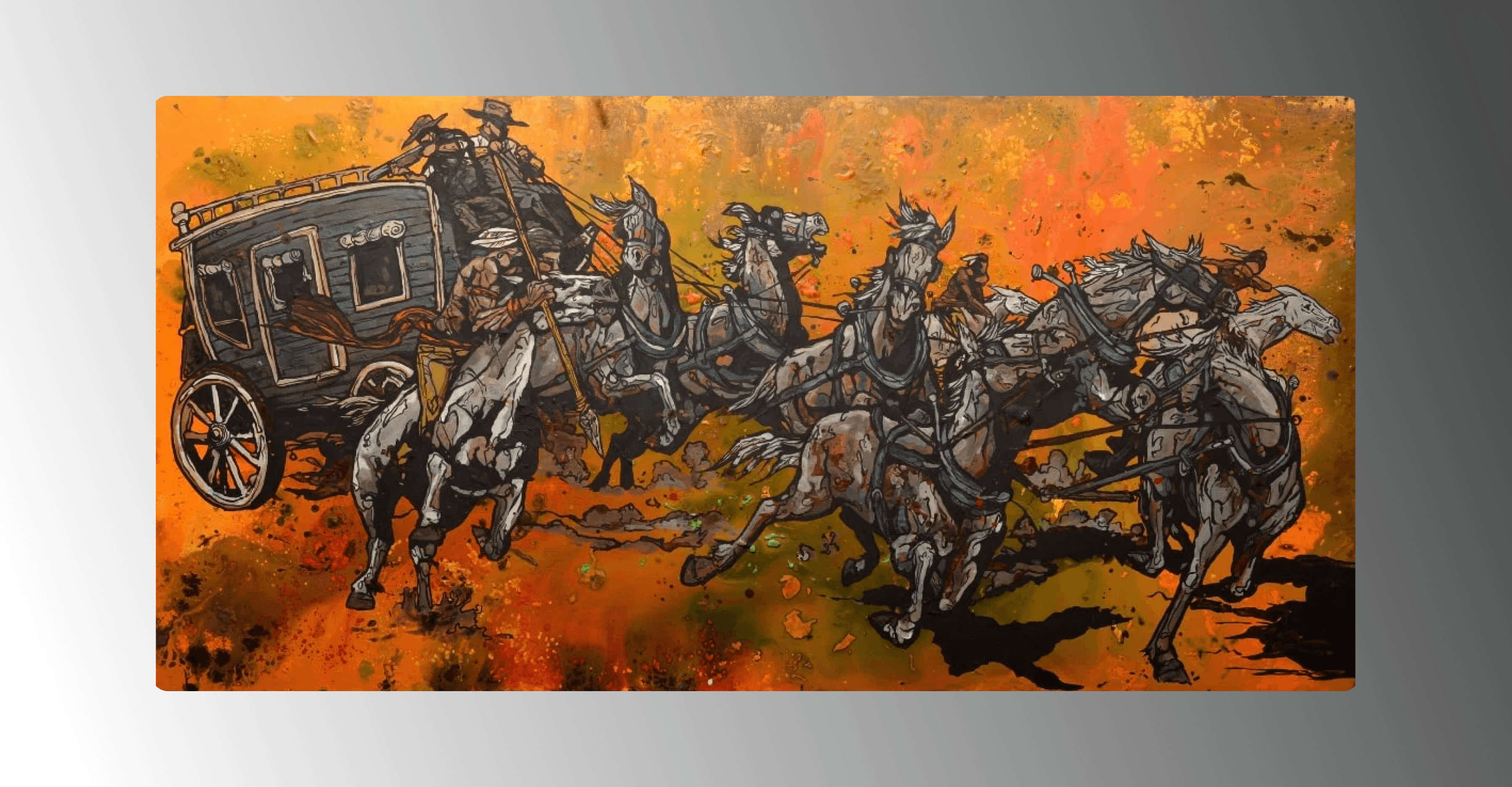 The painting "stage run" where a group of horses chaotically are racing forward, pulling a blue coach. There is also someone riding a horse along the side of the other horses. The background is abstract yellowy orange.
