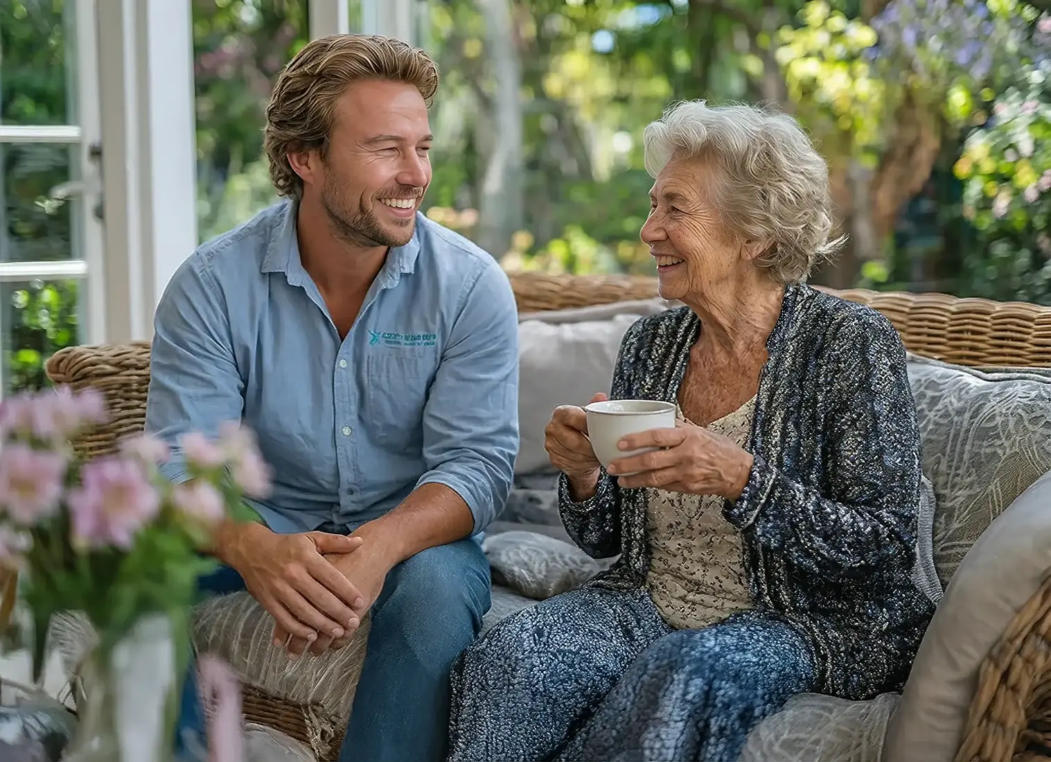 Smiling Newcross healthcare worker having coffee with elderly woman in garden home