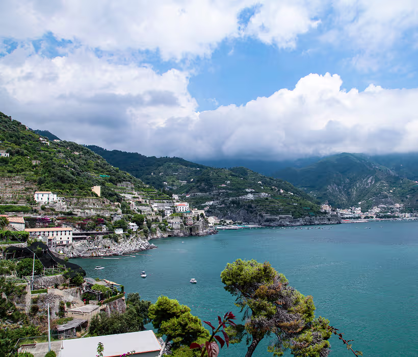 Aerial view of Amalfi Coast cliffs and turquoise water