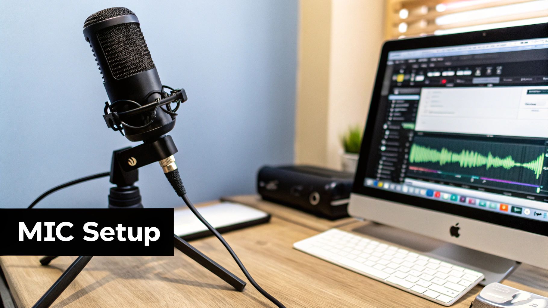 A person adjusting their desktop microphone for optimal positioning.