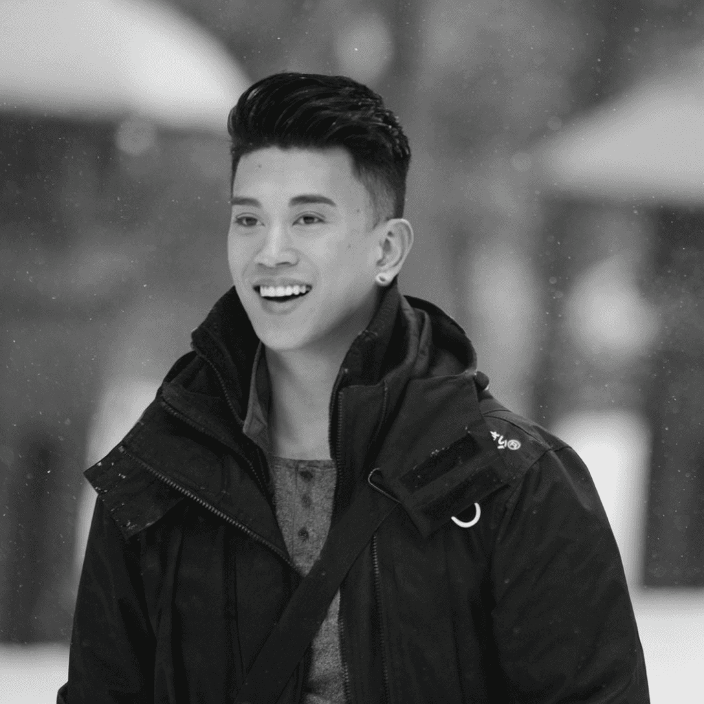 Black and white candid shot of Joey out on a winter's day