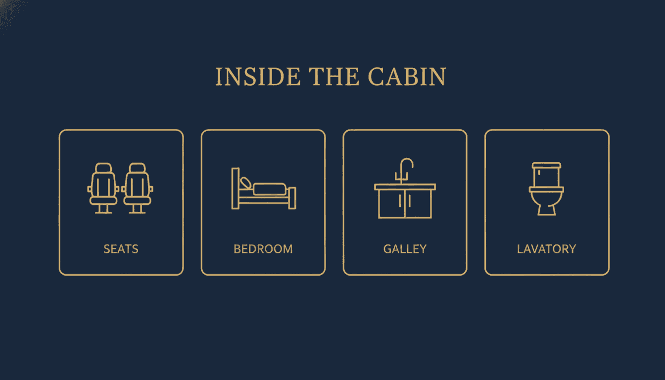 Private jet cabin zones - seats bedroom galley lavatory infographic