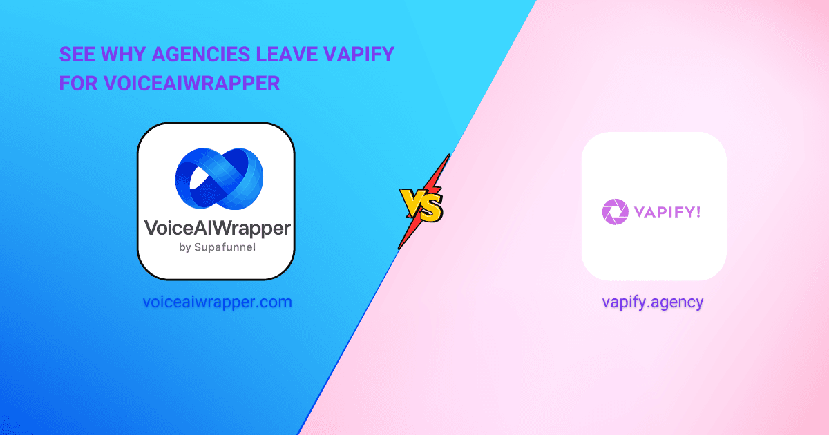 VoiceAIWrapper and Vapify logos in a versus comparison cover positioning VoiceAIWrapper as the Vapify alternative for agencies | VoiceAIWrapper.