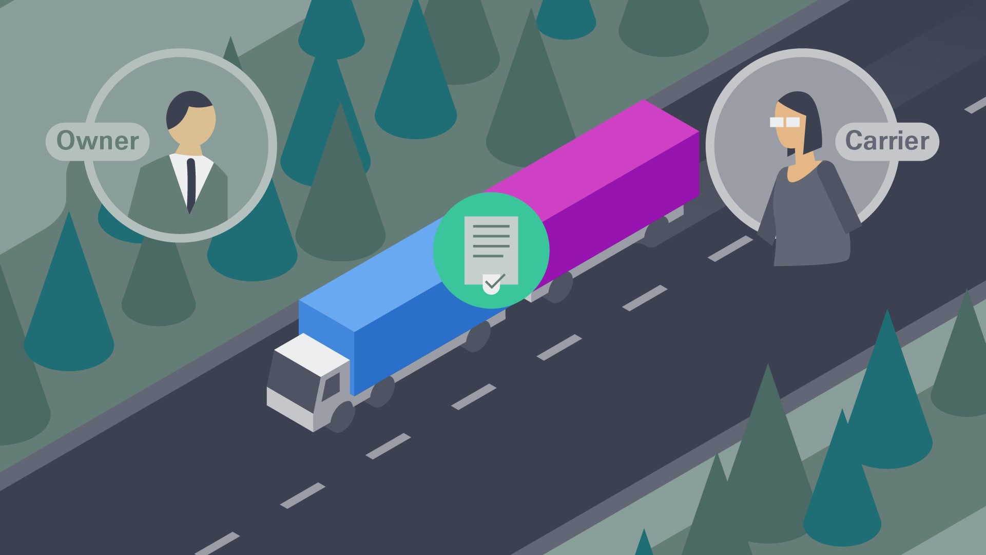 Simple isometric illustration of a cargo track in the middle and two bubbles to the side of the illlustration with a man and a woman looking at the truck.
