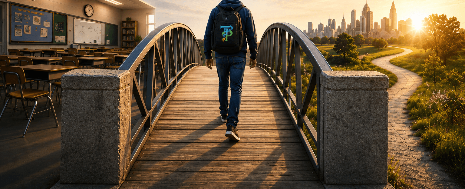 A student walks across a bridge from a classroom toward a city skyline, with icons marking the path from Connect to Transfer.