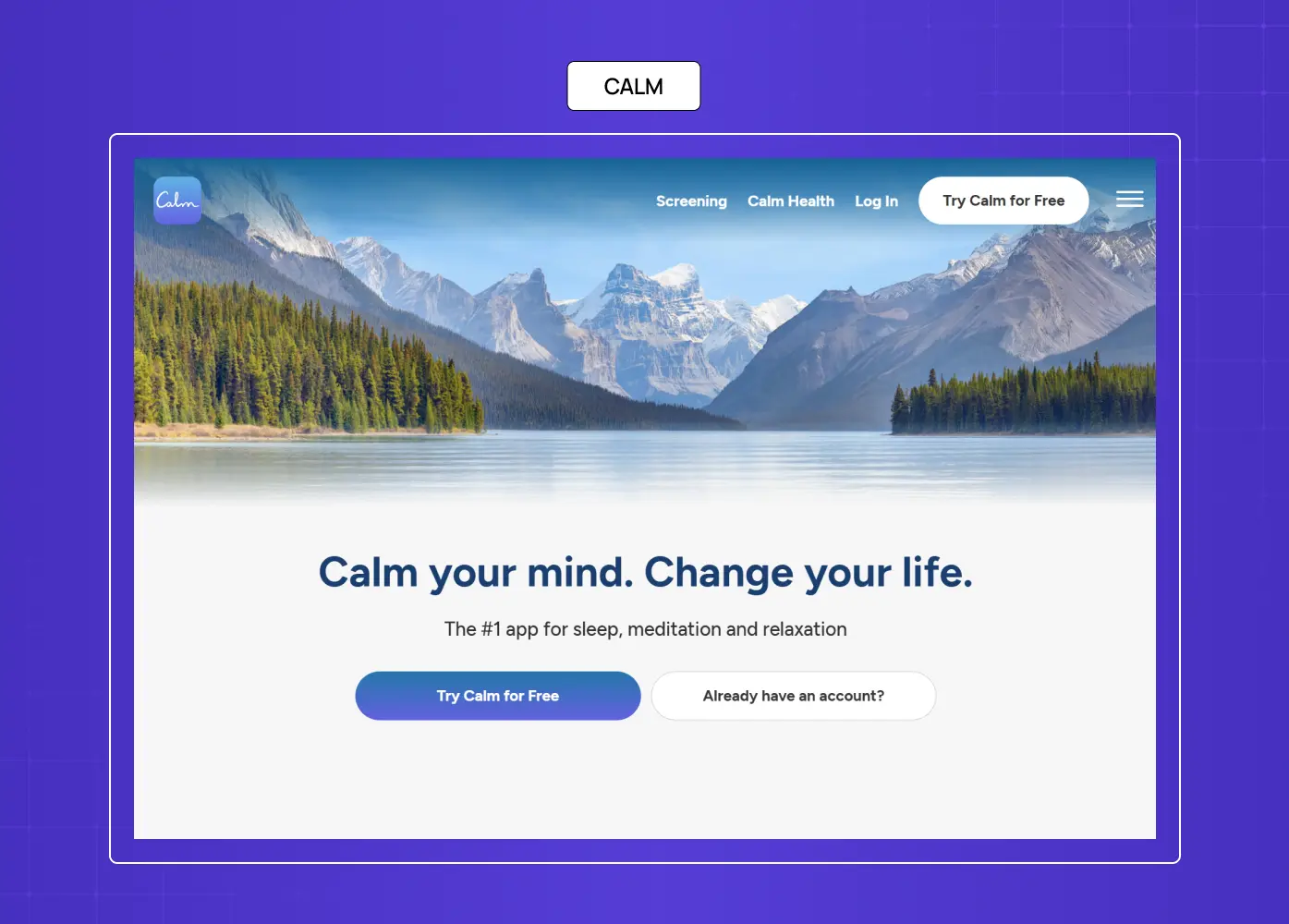 Calm meditation app homepage showcasing nature imagery and wellness-focused messaging for mindfulness and relaxation.