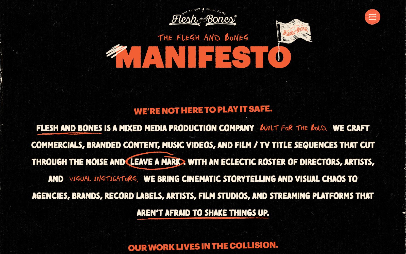 Text-heavy design with "MANIFESTO" in bold red and white. Text highlights include "leave a mark" and "visual instigators" in red.