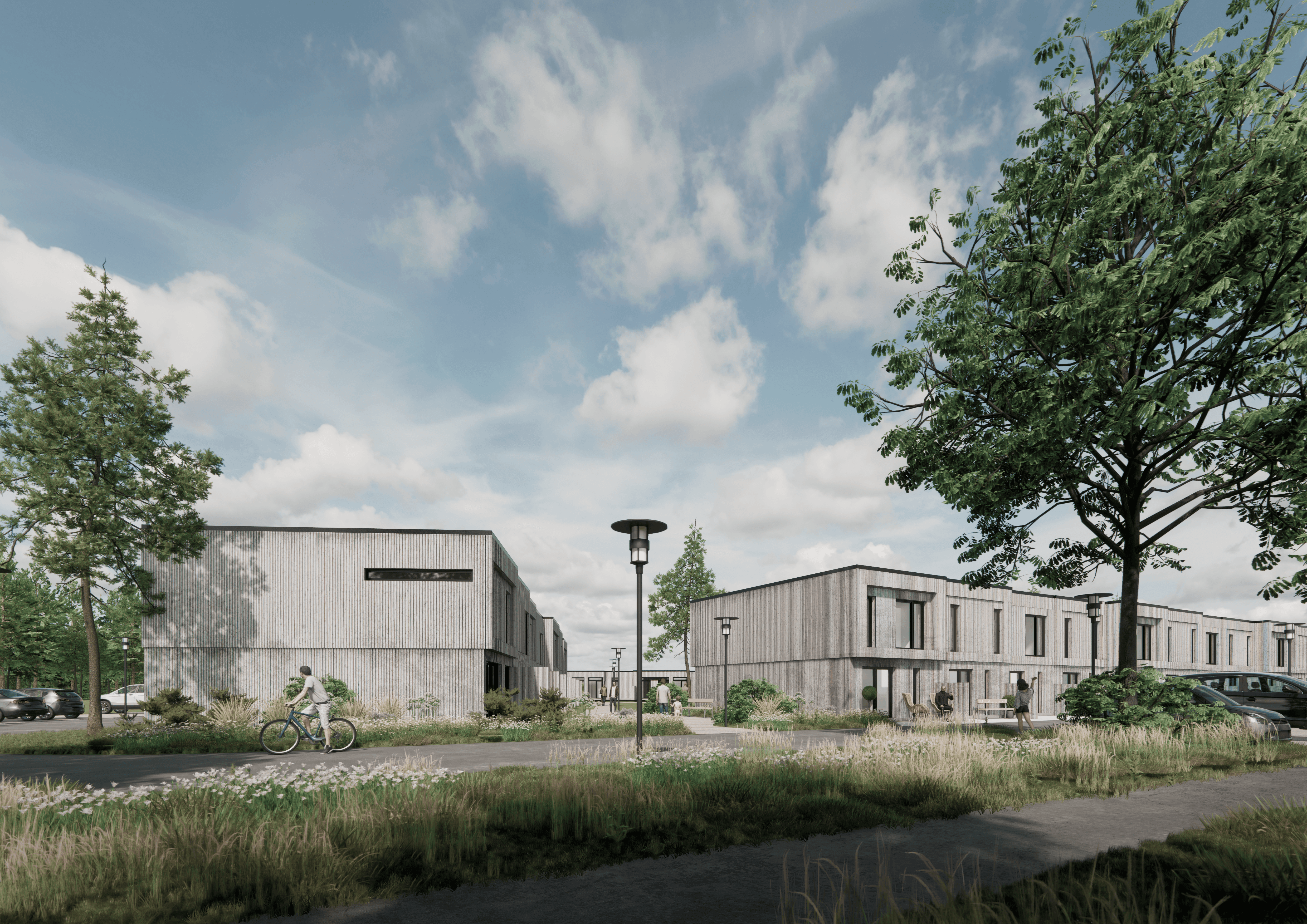 Moderne bybolig, kendetegnet ved reflekterende glas og et råt betondesign.