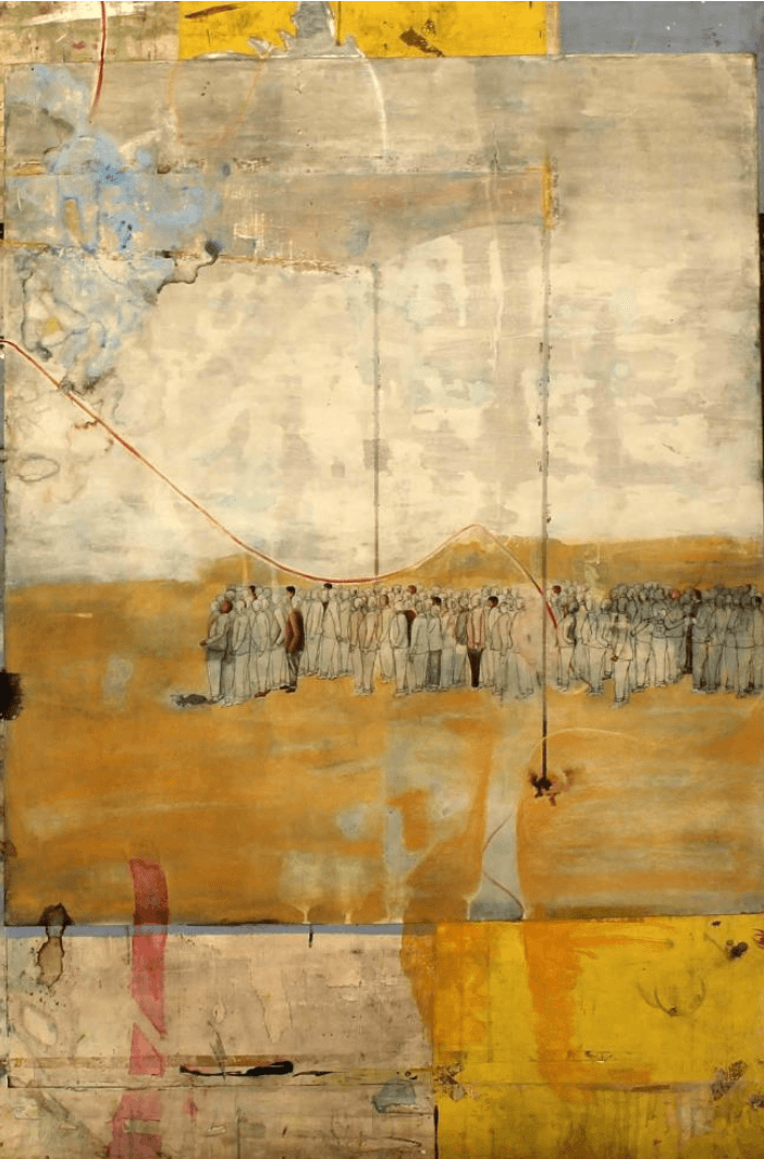 herd of sheep on road painting