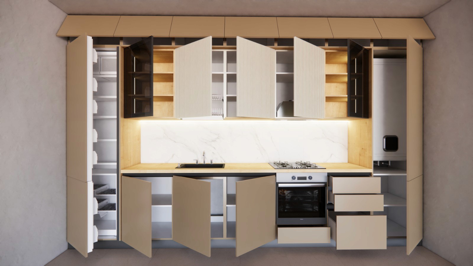 Bucătărie modernă cu dulapuri albe și din lemn, electrocasnice din inox și spații de depozitare deschise.