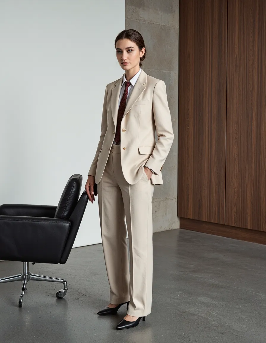 Professional in cream tailored suit with white shirt and burgundy tie standing in modern office setting with concrete floor and wooden paneling