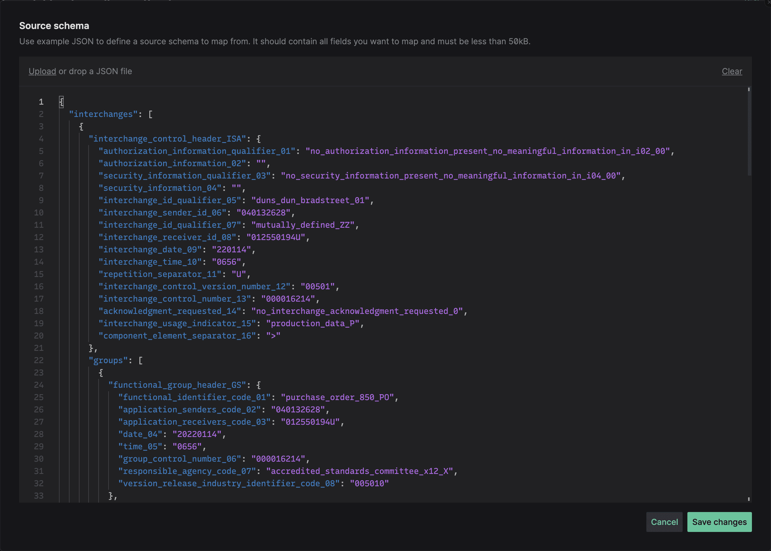 Image of an EDI 850 purchase order displayed in JEDI (JSON EDI) format