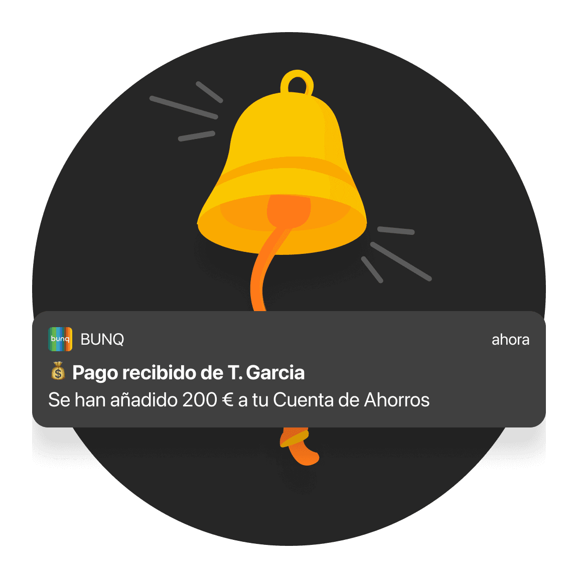 Notificación sobre un pago recibido, con un ícono de una campana y una mano sosteniendo una campana amarilla.