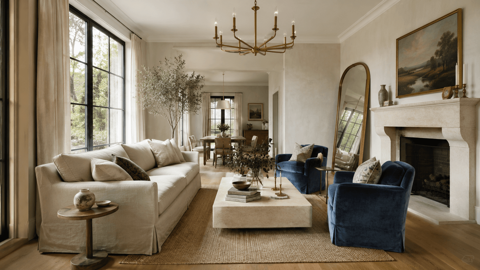 Bright modern French country living room featuring a cream linen sofa, two deep blue velvet chairs, a limestone fireplace with landscape artwork above, a large leaning mirror, brass chandelier, stone coffee table, and floor-to-ceiling windows.