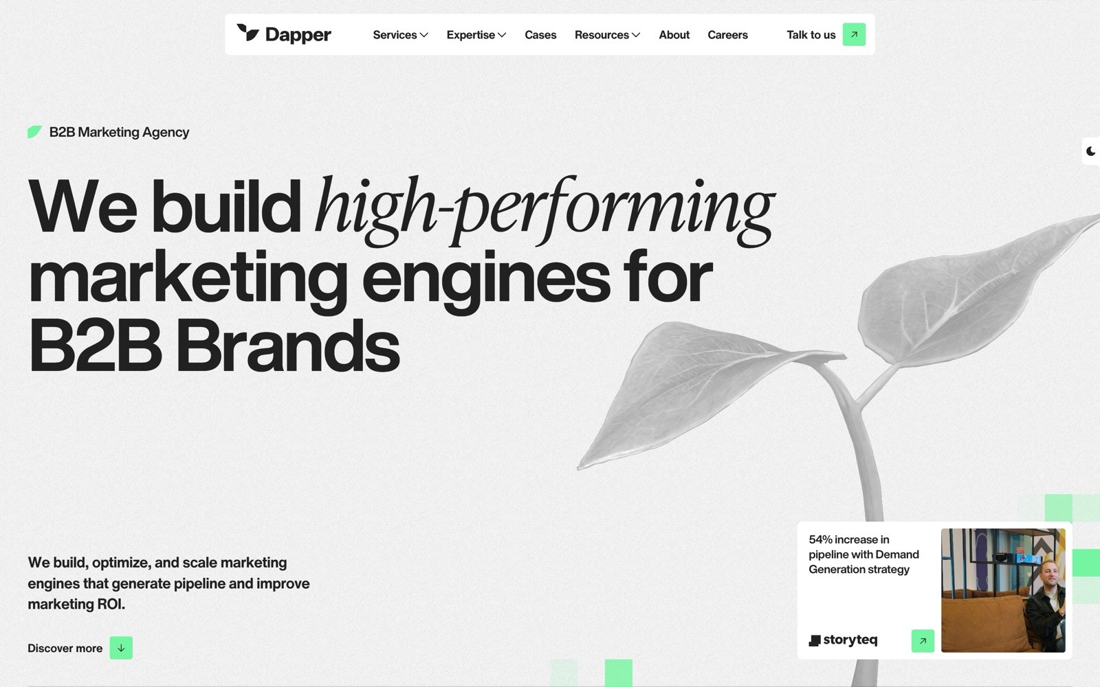 B2B Marketing Agency page with text: "We build high-performing marketing engines for B2B Brands." Leaf illustration and logos at bottom.