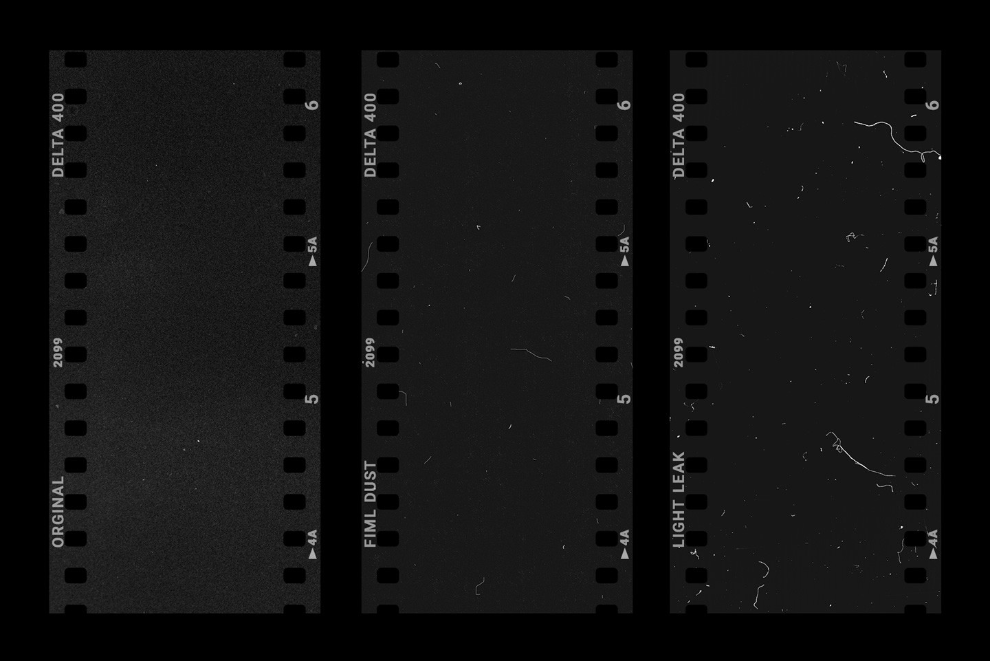 Positive and negative film dust textures showing inverted vintage film grain