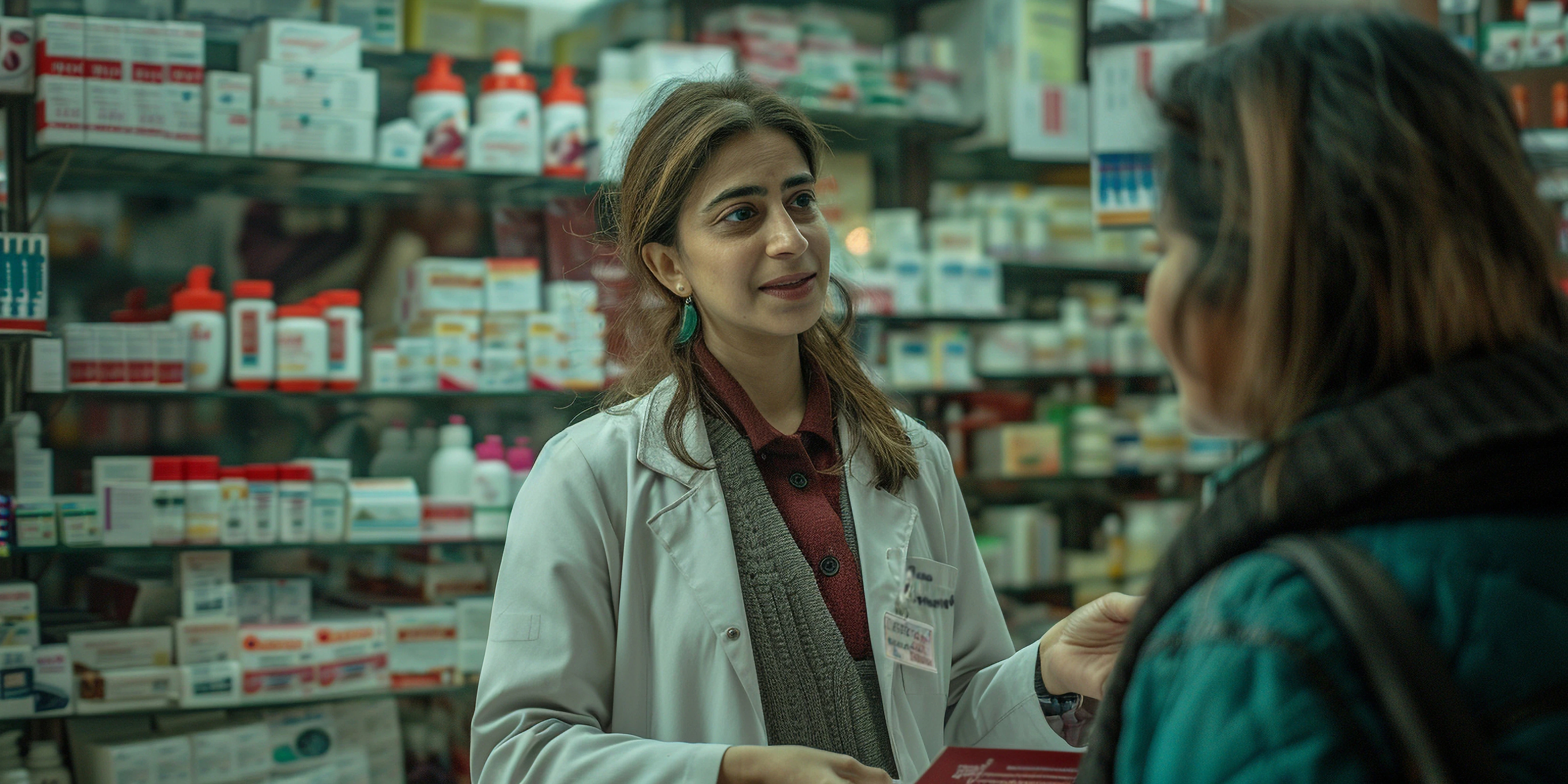 A female pharmacy manager in a white coat is giving an medicines to a customer