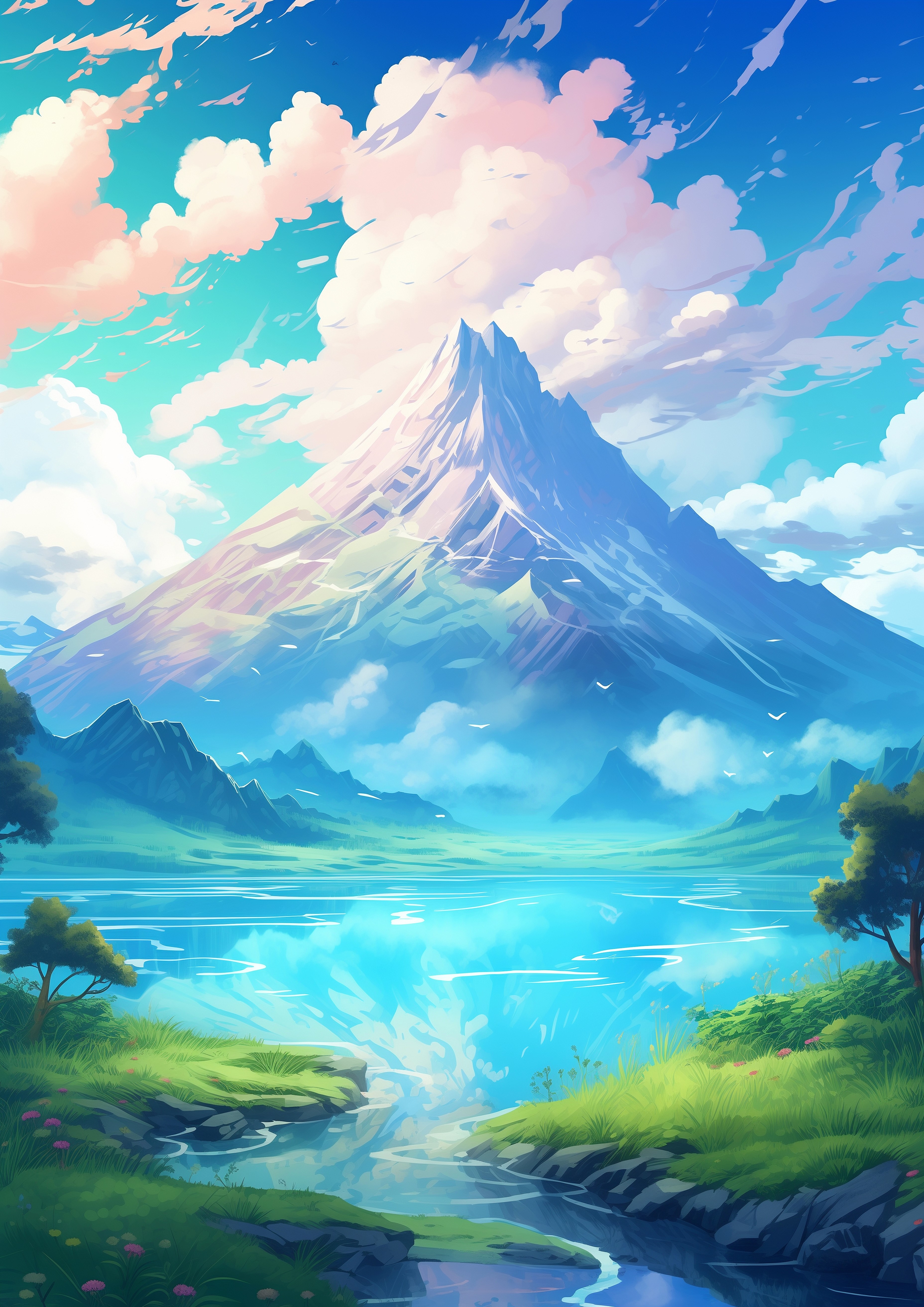 Vibrant fantasy mountain scene with a sharp peak, glowing lake, lush greenery, and pastel-colored clouds in a bright blue sky.