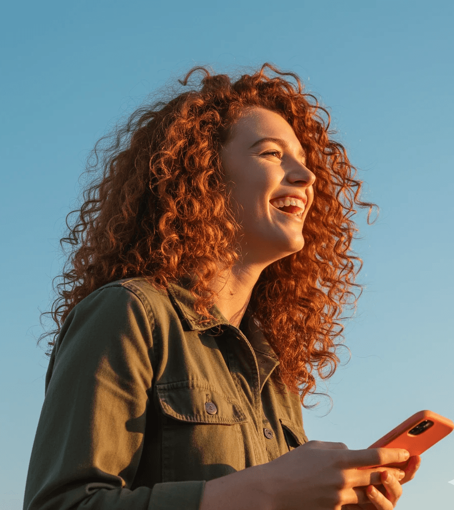 Curly red-haired woman in green jacket laughing joyfully while using phone at sunset.