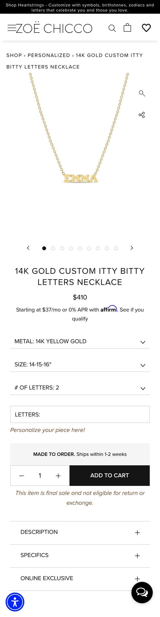 Jewelry product options include: ring, necklace, chain for 14k Gold Custom Itty Bitty Letters Necklace from ZOË CHICCO.