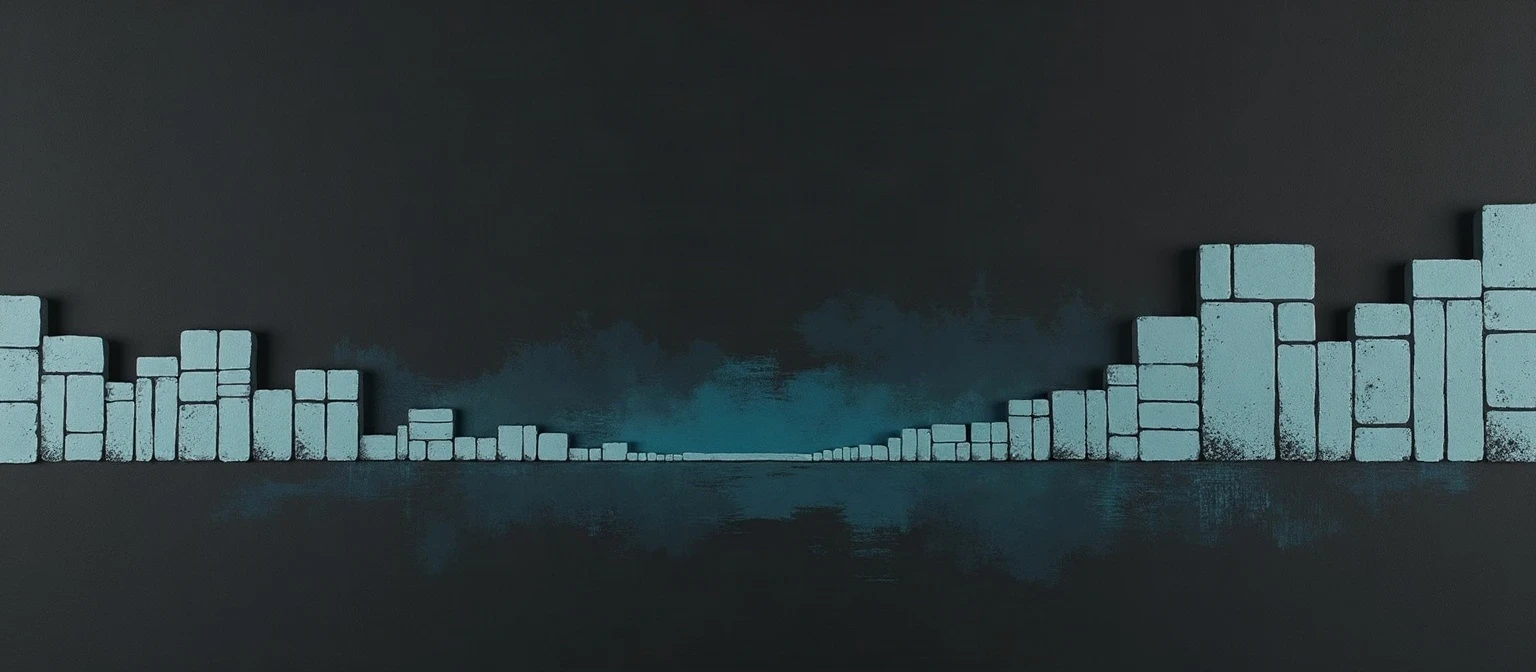 A small group of grey blocks on the left and a larger group on the right, joined by a continuous row of teal blocks across an empty gap, representing an Israeli company reaching US clients through cold outreach.