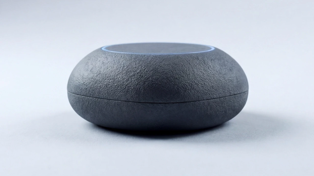 A textured dark grey smart sleep device with a glowing blue ring on a light blue block.