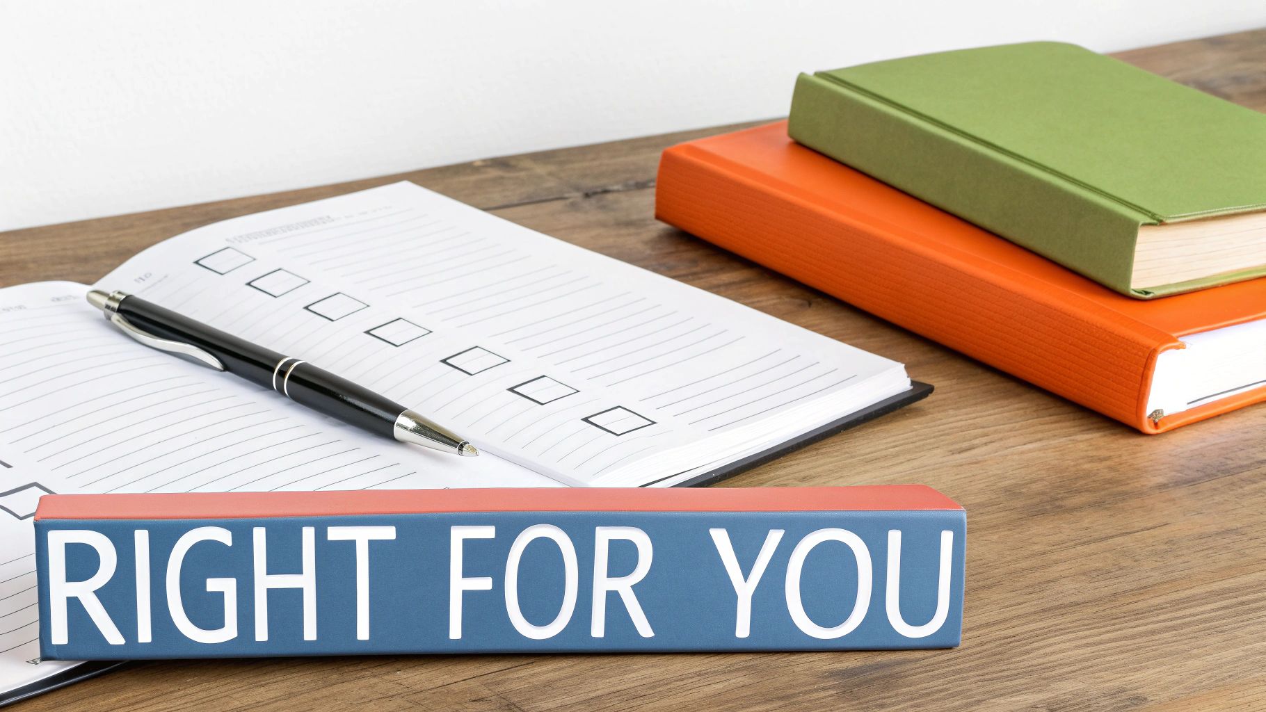 An open notebook with checkboxes and a pen on a wooden desk, next to stacked books and a 'RIGHT FOR YOU' sign.
