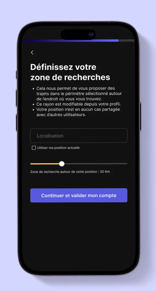 Écran de configuration de la zone de recherche des trajets sur On Wheels