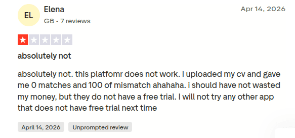 LoopCV Trustpilot review rating it 1 star and reporting zero matches from an uploaded CV