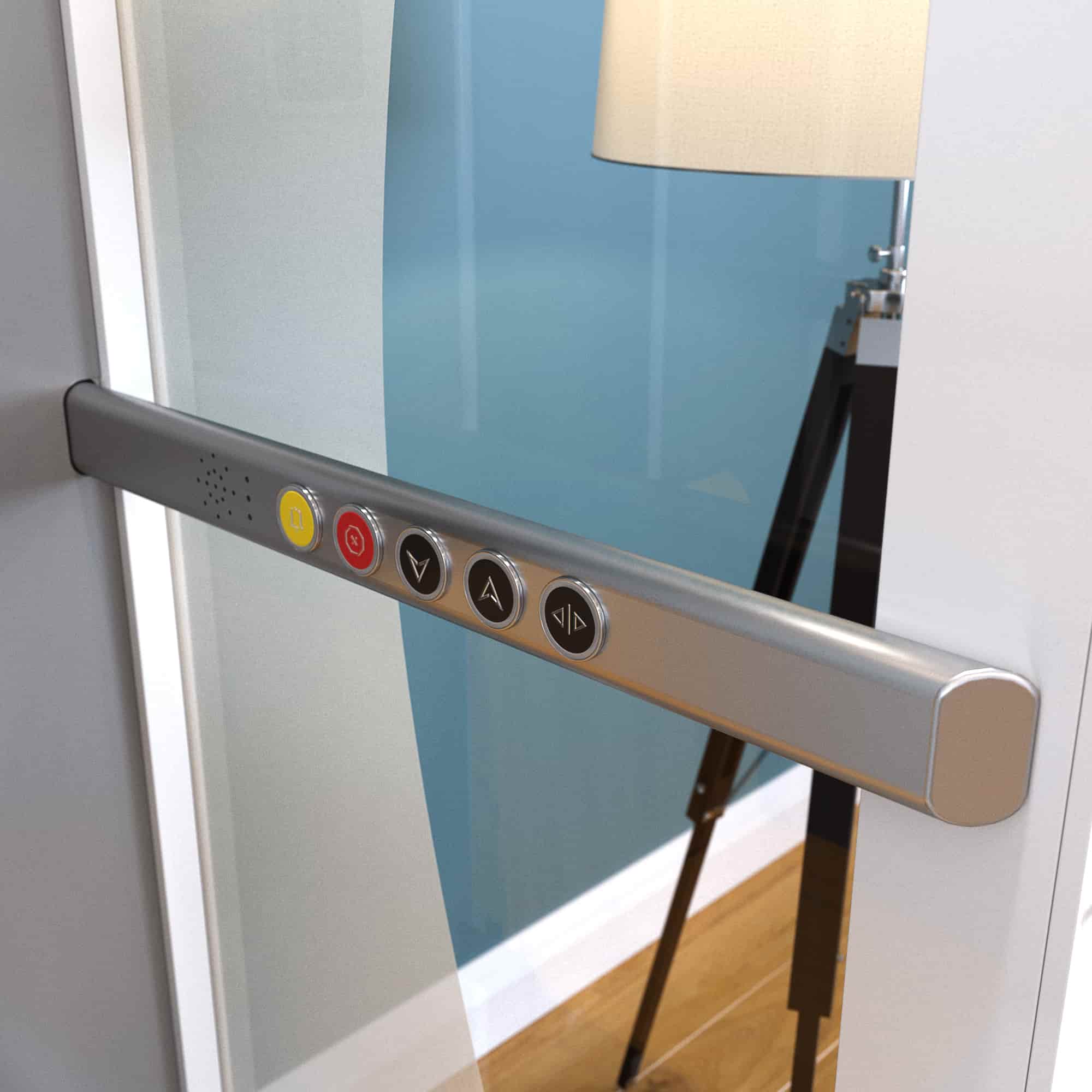 Cabin handrail with built-in controls on the Pollock Residential Elevator, showing alarm, stop, down, up and door buttons.