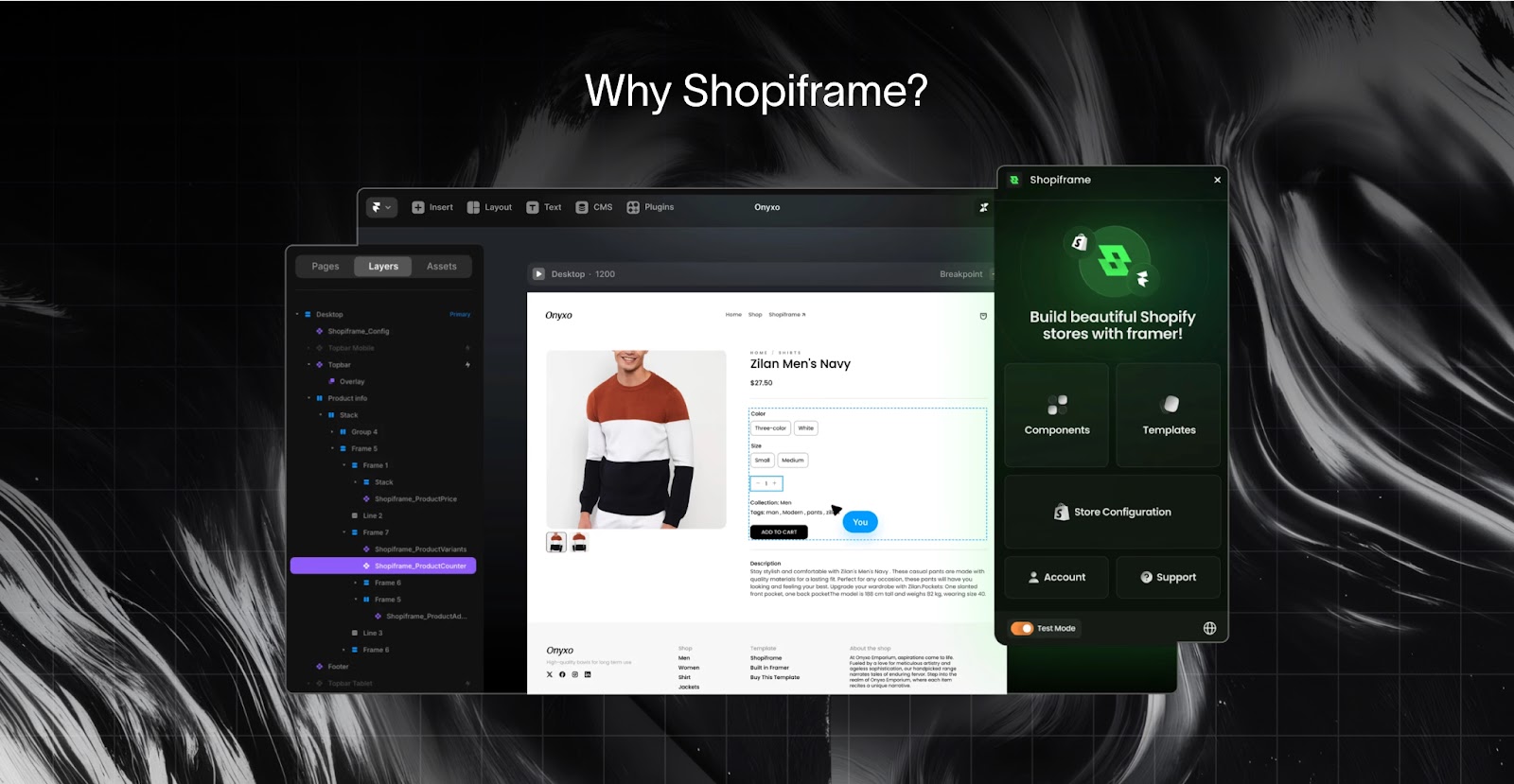 Shopiframe-Plugin-Panel in Framer neben einem Produktseiten-Design, unter der Überschrift Why Shopiframe