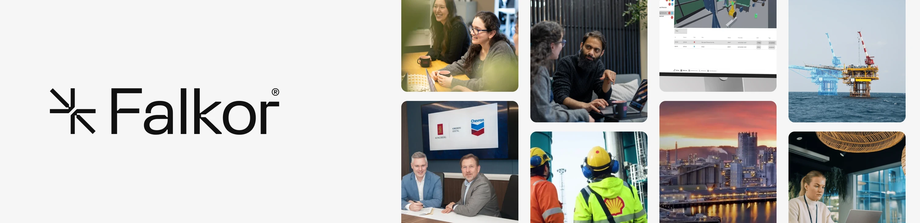 Falkor logo beside workplace photos, engineering screens and offshore energy infrastructure.
