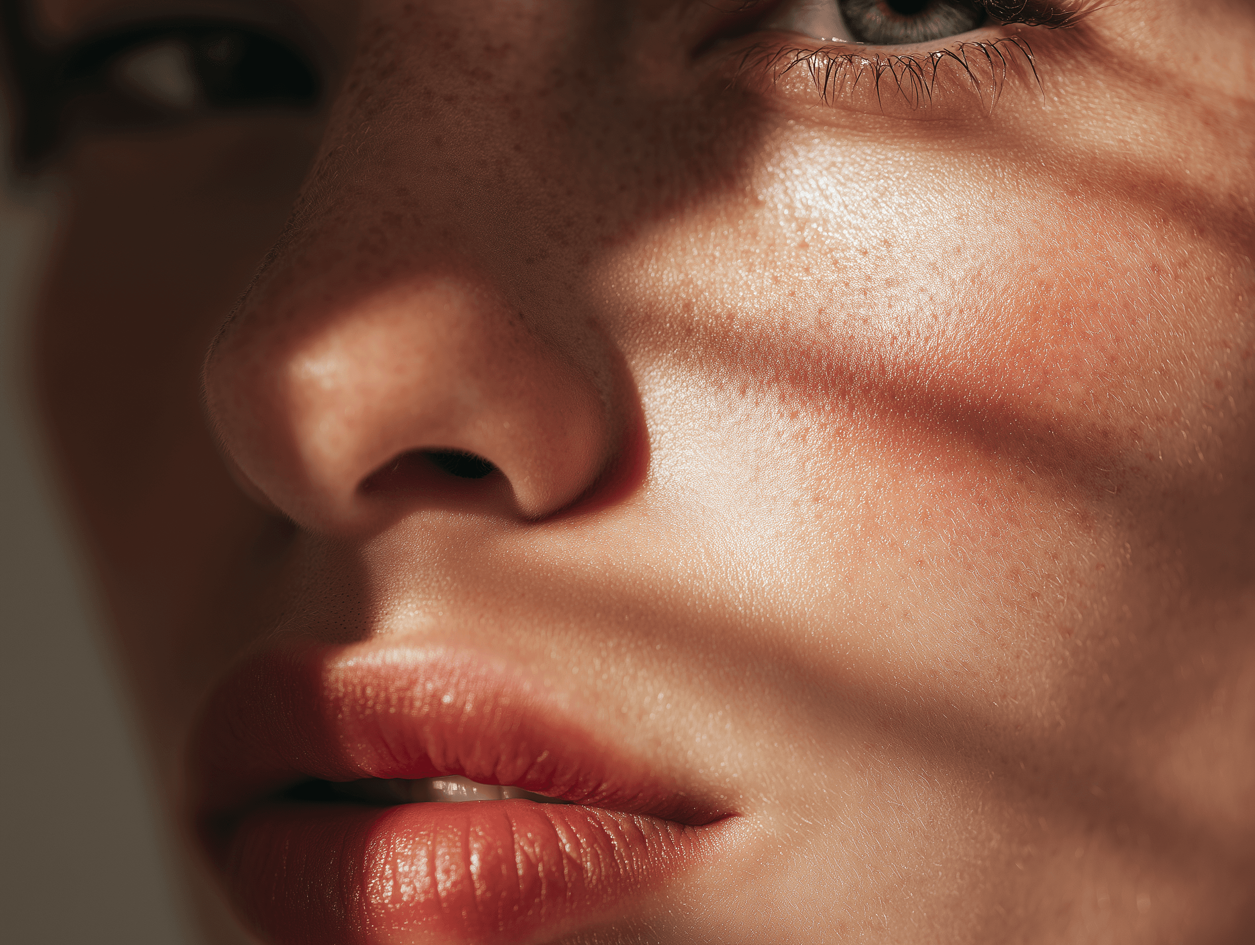 A close-up of a serene face illuminated by soft light, with shadows creating a patterned effect across the skin.