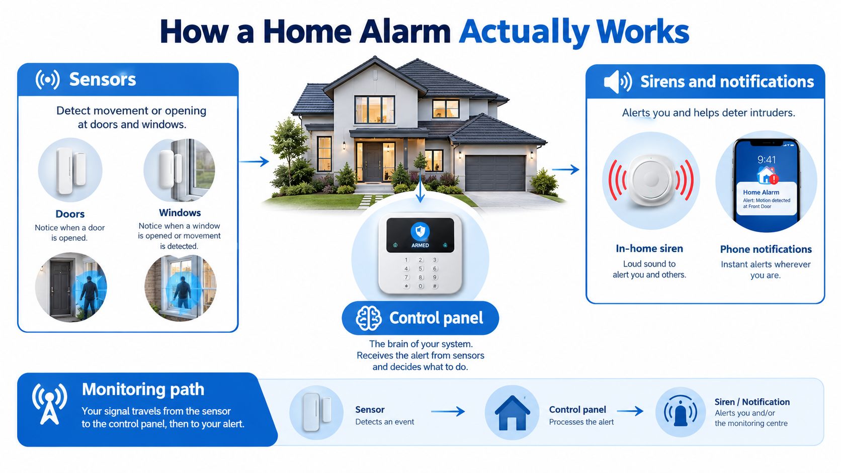 A diagram explaining how home alarm systems work using sensors, a control panel, and mobile notifications.