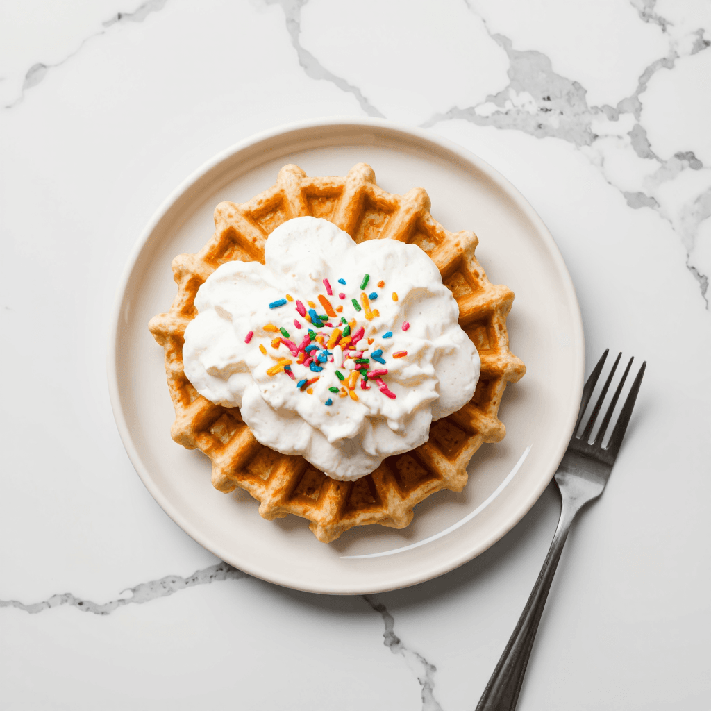 product photography of a plate of waffle with cream and sprinkles