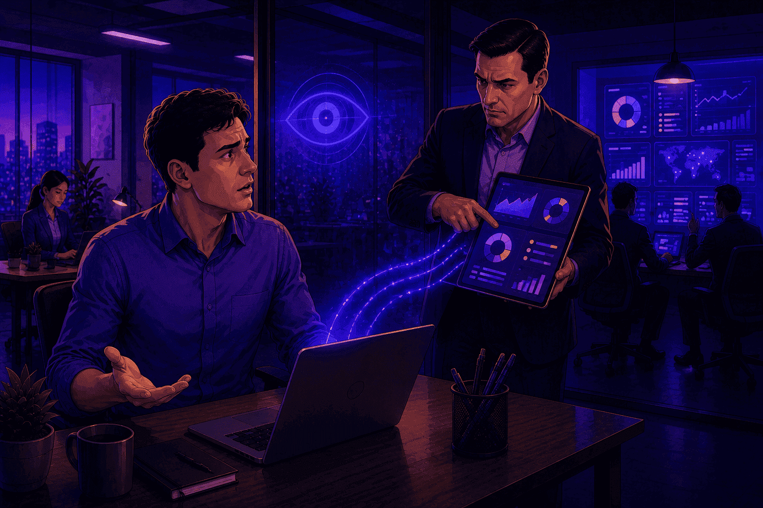 Confused employee being confronted by a manager presenting productivity reports collected through undisclosed workplace monitoring software.