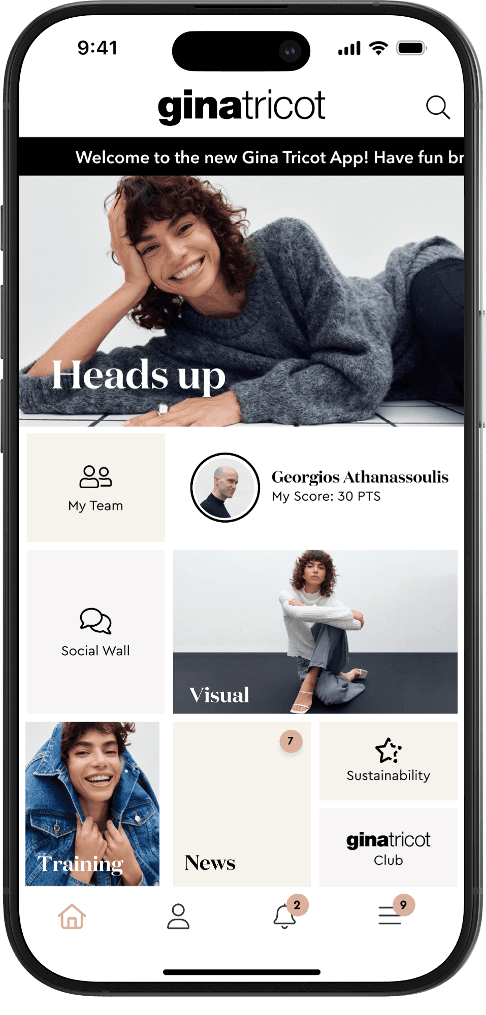Mobile app interface showing the Gina Tricot internal app home screen with navigation, brand content, and employee features.