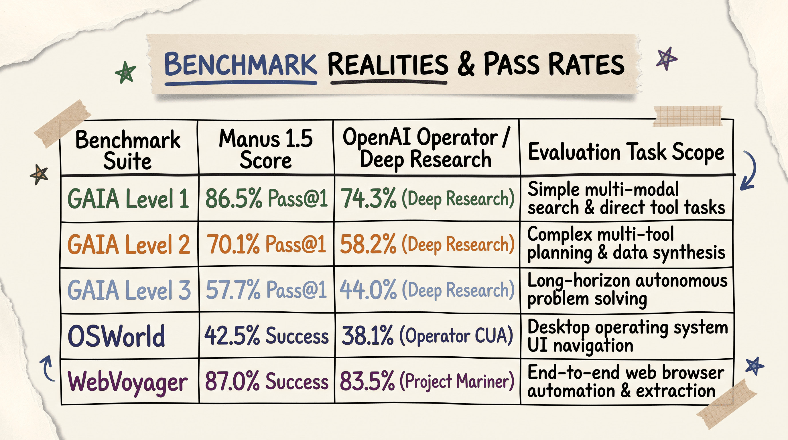 Benchmark comparison table showing GAIA Levels 1 to 3 OSWorld and WebVoyager pass rates for Manus AI and OpenAI