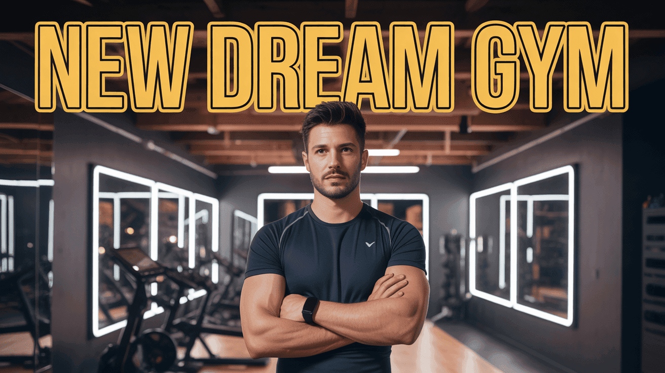 Gym Makeover Reveal Thumbnail Template featuring fitness creator standing arms crossed in renovated home gym, LED strip lights glowing, equipment n...