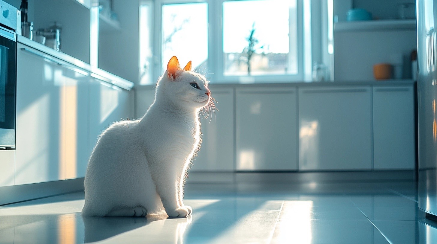 A white cat in a kitchen