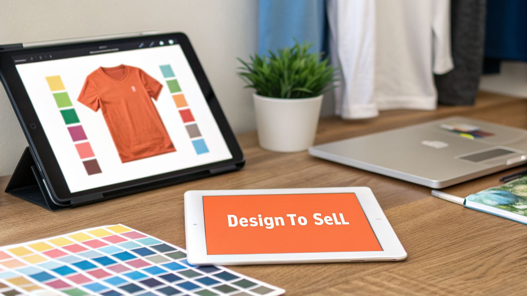 A desk setup with two tablets showing a t-shirt design, color swatches, and 'Design To Sell' text.