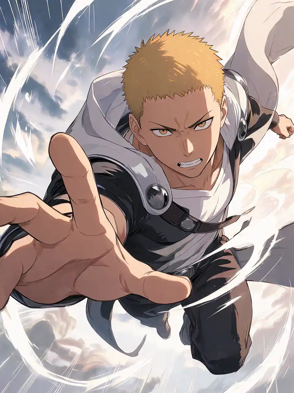 Personnage d'anime blond tendant la main vers l'avant dans une scène d'action rapide
