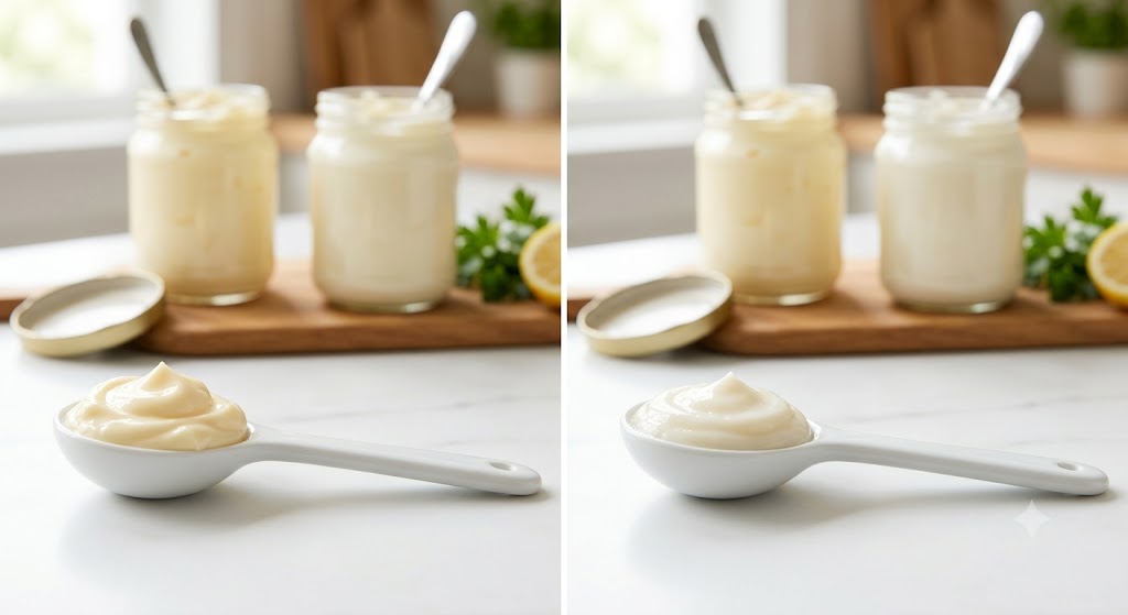 Side-by-side comparison of one tablespoon of regular mayonnaise versus light mayonnaise on white ceramic spoons with jars in the background.