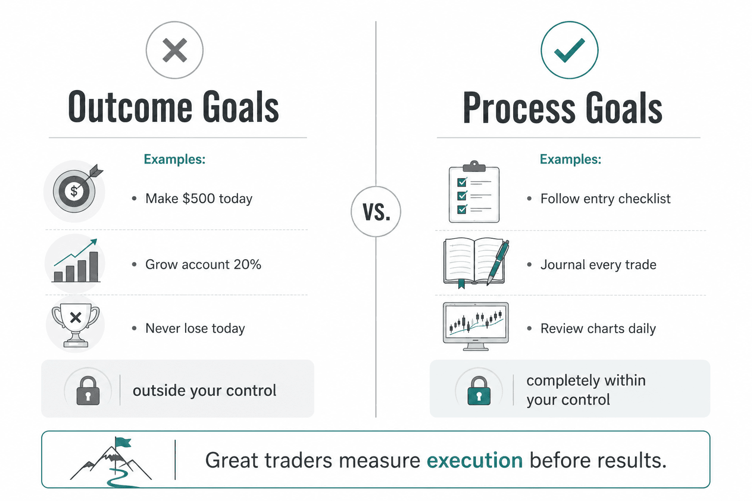 Side-by-side comparison showing that outcome goals, such as making a certain amount of money or achieving a monthly return, are outside a trader's control, while process goals, such as following a checklist, journaling trades, and reviewing charts, are fully controllable behaviors that build long-term trading skill.