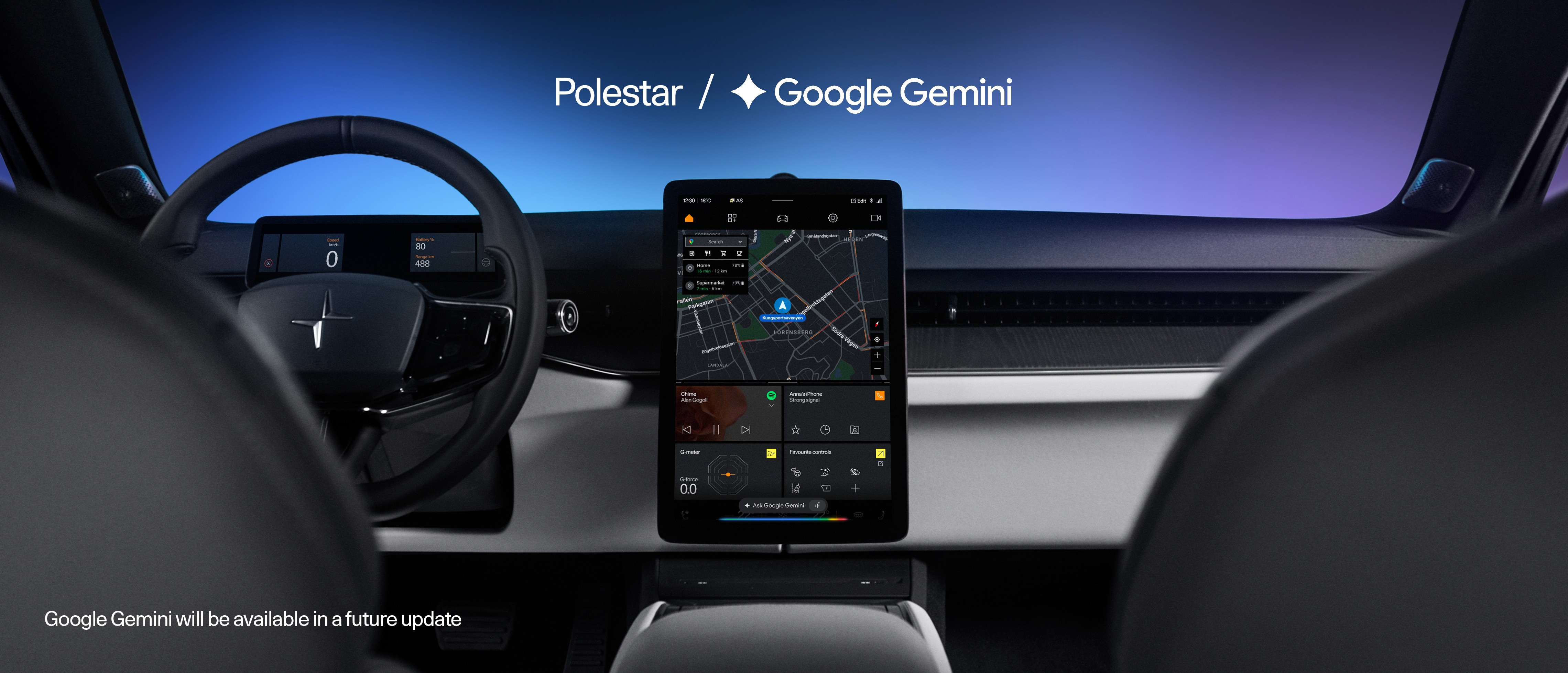 Habitacle Polestar avec interface Google Gemini sur l’écran tactile central, aperçu des futures fonctions connectées