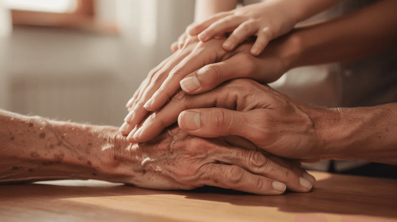 The image shows the hands of family members from different generations stacked together, symbolizing unity and teamwork. This gesture highlights the importance of family discussions about finances, inheritance, and creating a legacy for future generations.