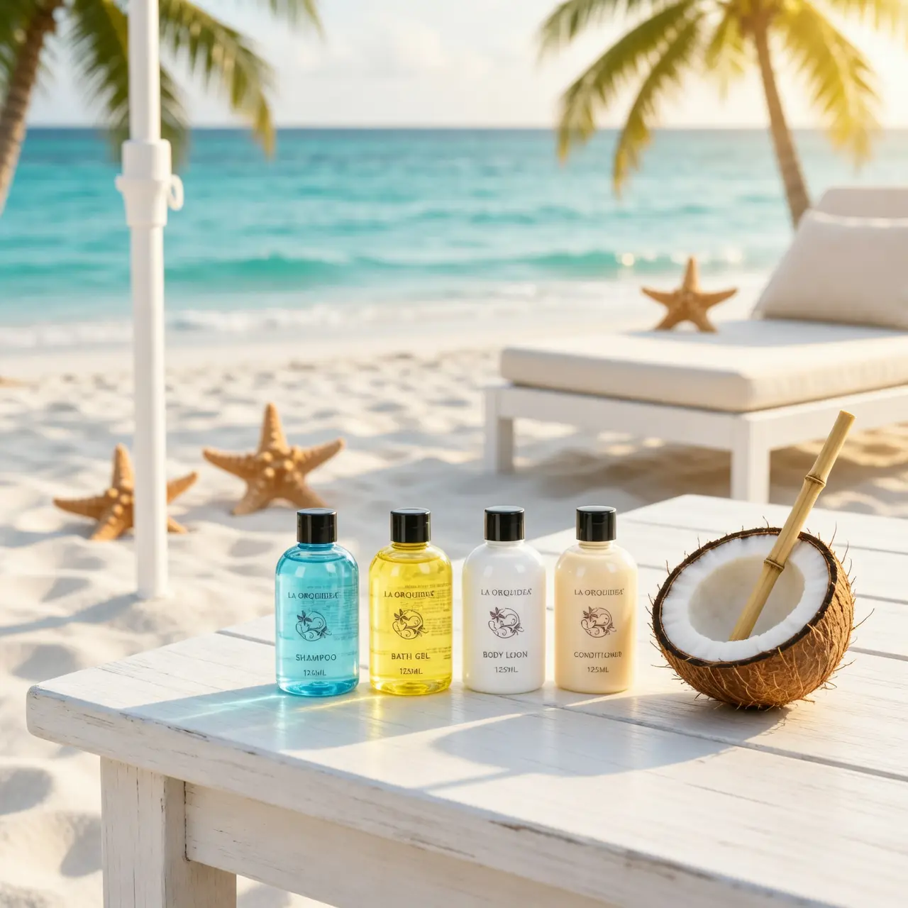 Bulk hotel amenities kit with sustainable packaging, featuring customizable bottles and logo branding for boutique hotels and hospitality chains.