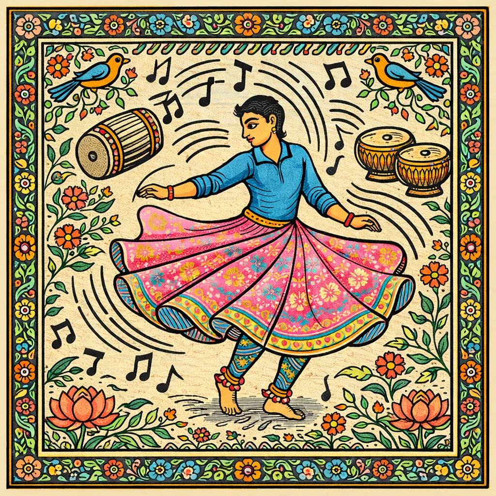 A person swirling around in a voluminous lehenga with music instruments in the background