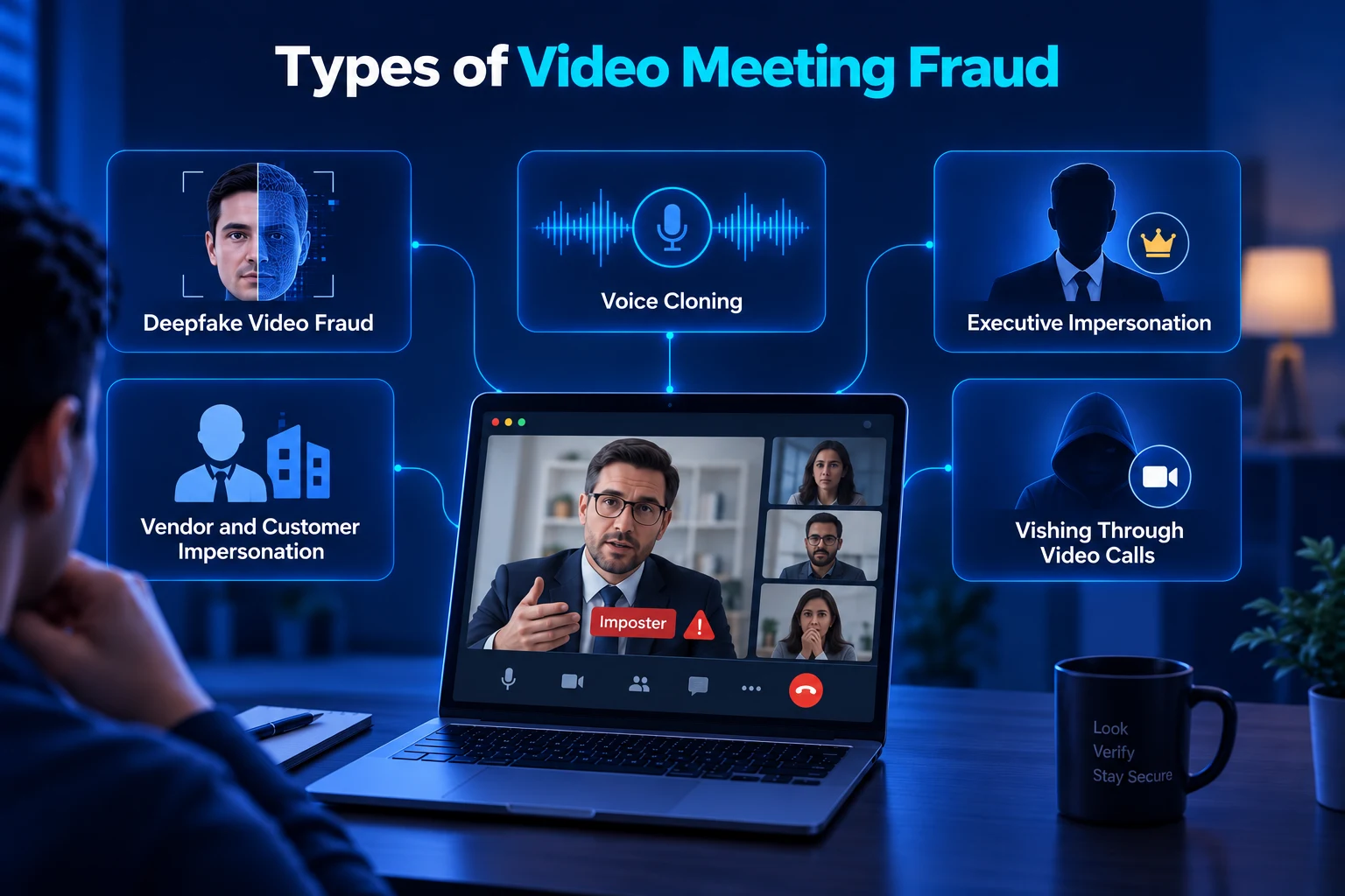 Types of video meeting fraud, including deepfakes, voice cloning, impersonation, and vishing.