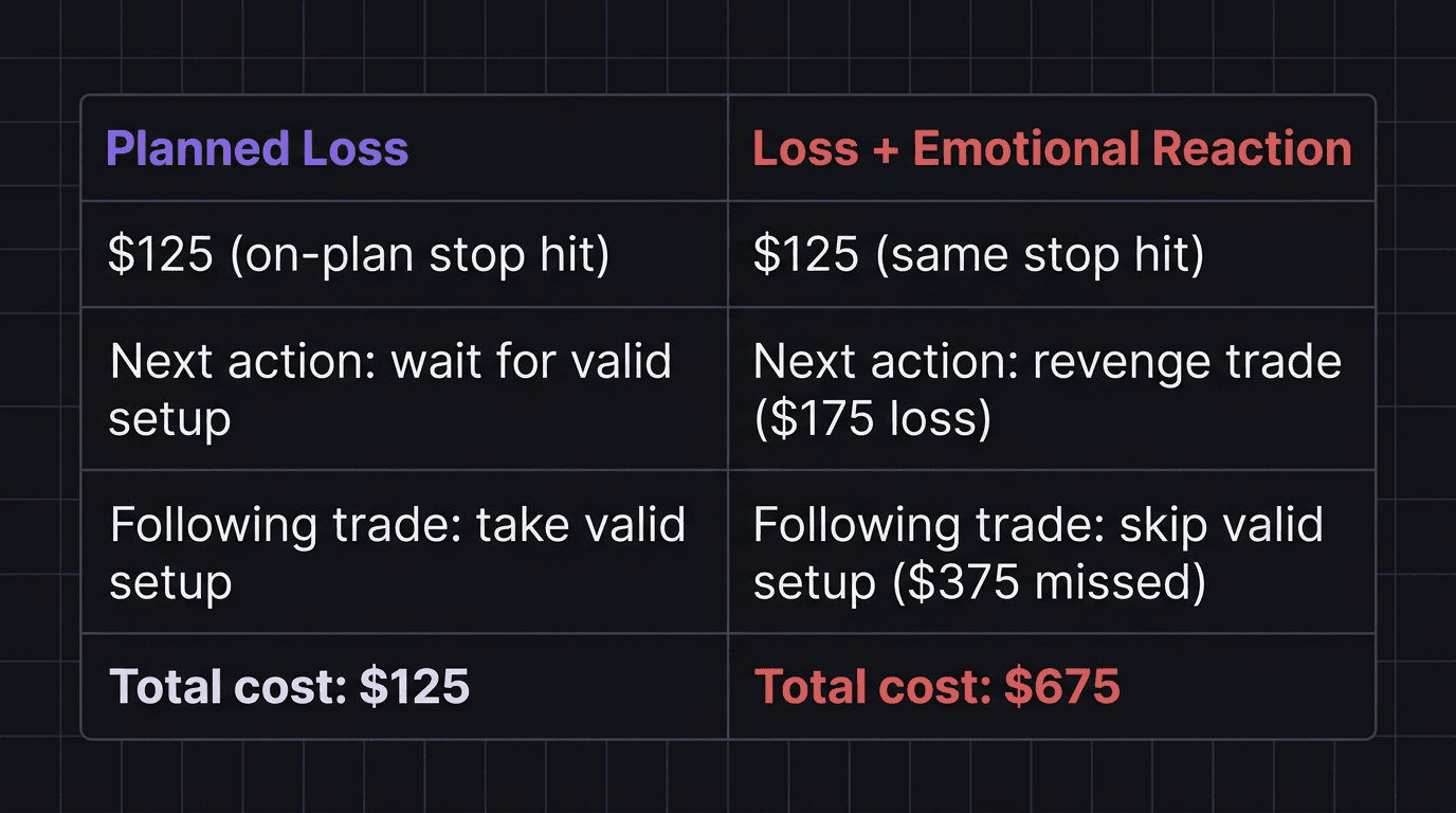 Comparison showing cost of a planned loss versus total cost when emotional reactions follow